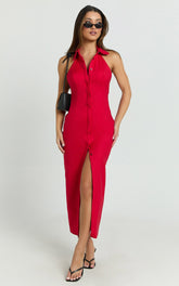 Lillibelle Midi Dress - Collared Button Down Bodycon Dress in Red