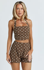 Lillie Two Piece Set - Halter Top And Matching Shorts Set in Chocolate Polka Dot