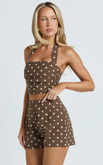 Lillie Two Piece Set - Halter Top And Matching Shorts Set in Chocolate Polka Dot
