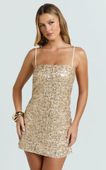 Lily Mini Dress - Sequin Square Neck Shift Dress in Gold