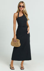 Lindley Midi Dress - Halter Neck Linen Look Dress in Black