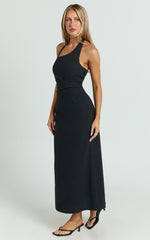 Lindley Midi Dress - Halter Neck Linen Look Dress in Black