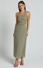 Lindley Midi Dress - Halter Neck Linen Look Dress in Olive