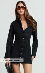 Lizzie Mini Dress - Long Sleeve Button Front Shirt Dress in Black