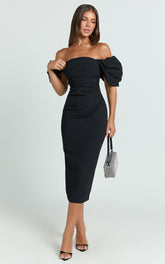 Lohan Midi Dress - Off Shoulder Puff Sleeve in Black