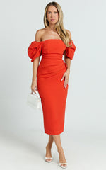Lohan Midi Dress - Off Shoulder Puff Sleeve in Orange