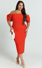 Lohan Midi Dress - Off Shoulder Puff Sleeve in Orange