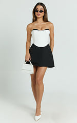 Loissa Mini Dress - Strapless Corset Waist Contrast Colour Tulip Skirt Dress in Black