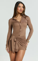 Lola Mini Dress - Long Sleeve Concealed Placket Front Faux Wrap Dress in Chocolate