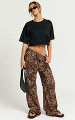 Lopez Linen Blend Pants - Elasticated Straight Leg Pants in Tonal Leopard Print