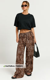 Lopez Linen Blend Pants - Elasticated Straight Leg Pants in Tonal Leopard Print