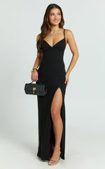 Loralie Maxi Dress - V Neck Low Back Bodycon Dress in Black