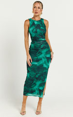 Loralie Midi Dress - Mesh High Neck Bodycon Dress in Green Floral Print
