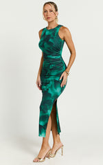 Loralie Midi Dress - Mesh High Neck Bodycon Dress in Green Floral Print