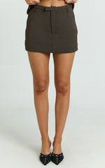 Lorena Mini Skirt - High Waisted Tailored Skirt in Dark Brown