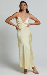 Lorenzia Maxi Dress - Plunge Corset Underbust Detail Satin Dress in Lemon