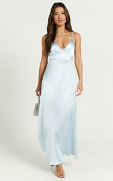 Lorenzia Maxi Dress - Plunge Corset Underbust Detail Satin Dress in Light Blue