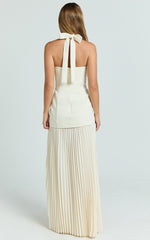 Loretta Maxi Dress - Contrast Halter Neck Pleated Dress in Pastel Yellow