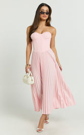 Loretta Midi Dress - Lace Up Back Bustier Pleated Dress in Soft Pink