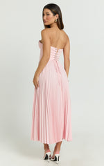 Loretta Midi Dress - Lace Up Back Bustier Pleated Dress in Soft Pink