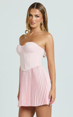 Loretta Mini Dress - Lace Up Corset Pleated Dress in Soft Pink