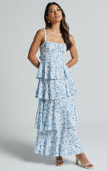 Lorma Midi Dress - Ruched Layered Dress in Blue Floral