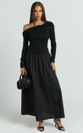 Lorna Midi Dress - One Shoulder Long Sleeve Dress in Black