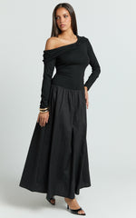 Lorna Midi Dress - One Shoulder Long Sleeve Dress in Black