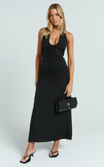 Lorvie Maxi Dress - Halter Plunge A Line Dress in Black