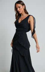 Lowen Maxi Skirt - High Waist Frill Thigh Split Skirt in Black