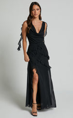 Lowen Maxi Skirt - High Waist Frill Thigh Split Skirt in Black