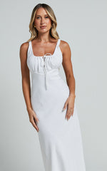 Lucas Midi Dress - Ruched Bust Linen Dress in White