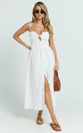 Lucienne Midi Dress - Ruched Button Up Front Dress in White