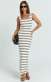 Lucille Maxi Dress - Sleeveless Striped Sweater Dress in Cream / Black Stripe