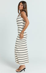 Lucille Maxi Dress - Sleeveless Striped Sweater Dress in Cream / Black Stripe