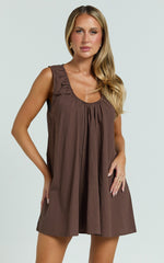 Lucinda Mini Dress - Deep U Gathered Neck Smock Dress in Chocolate