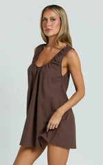 Lucinda Mini Dress - Deep U Gathered Neck Smock Dress in Chocolate
