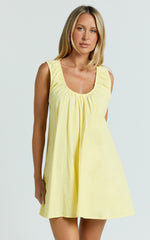 Lucinda Mini Dress - Deep U Gathered Neck Smock Dress in Lemon