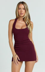 Lucinda Mini Dress - Scoop Neck Ruched Bodycon Dress in Burgundy