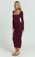 Lucy Midi Dress - Ribbed Side Ruched Bodycon Dress in Wine
