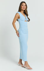 Lucy Midi Dress - Neck Fitted Skirt Dress in Blue