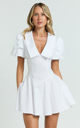 Lucy Mini Dress - Deep V Oversized Collar Puff Sleeve A Line Dress in White