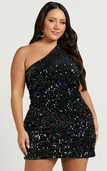 Lucy Mini Dress - One Shoulder Sequin Mini Dress in Black