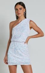 Lucy Mini Dress - One Shoulder Sequin Mini Dress in White
