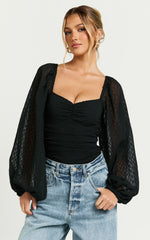 Lunara Bodysuit - Textured Ballon Sleeve Bodysuit in Black