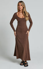 Lydia Midi Dress - V Neck Long Sleeve Knitted Dress in Chocolate