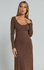 Lydia Midi Dress - V Neck Long Sleeve Knitted Dress in Chocolate