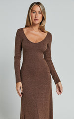 Lydia Midi Dress - V Neck Long Sleeve Knitted Dress in Chocolate