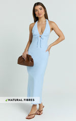 Lyla Midi Dress - Tie Front Plunge Halter Linen Blend Dress in Blue