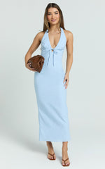 Lyla Midi Dress - Tie Front Plunge Halter Linen Blend Dress in Blue